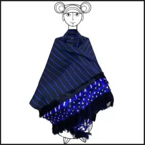 Black blue white purepecha silk fringe rebozo from Michoacán