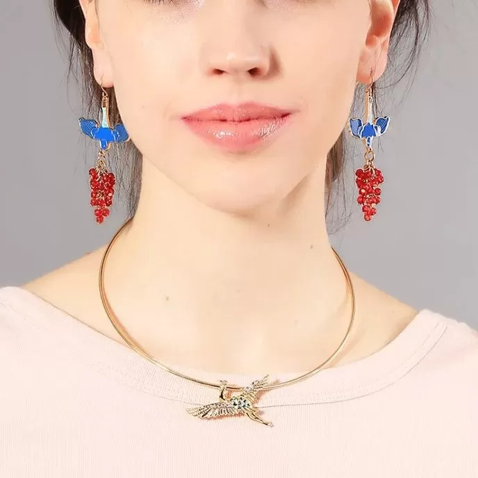 Blue Enamel Bird Red Beads Dangle Drop Earring