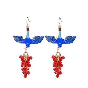 Blue Enamel Bird Red Beads Dangle Drop Earring