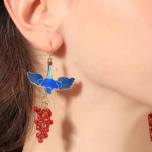 Blue Enamel Bird Red Beads Dangle Drop Earring