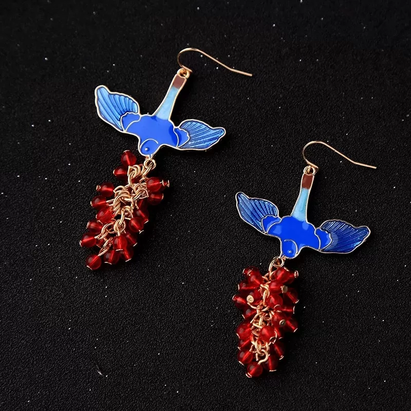 Blue Enamel Bird Red Beads Dangle Drop Earring