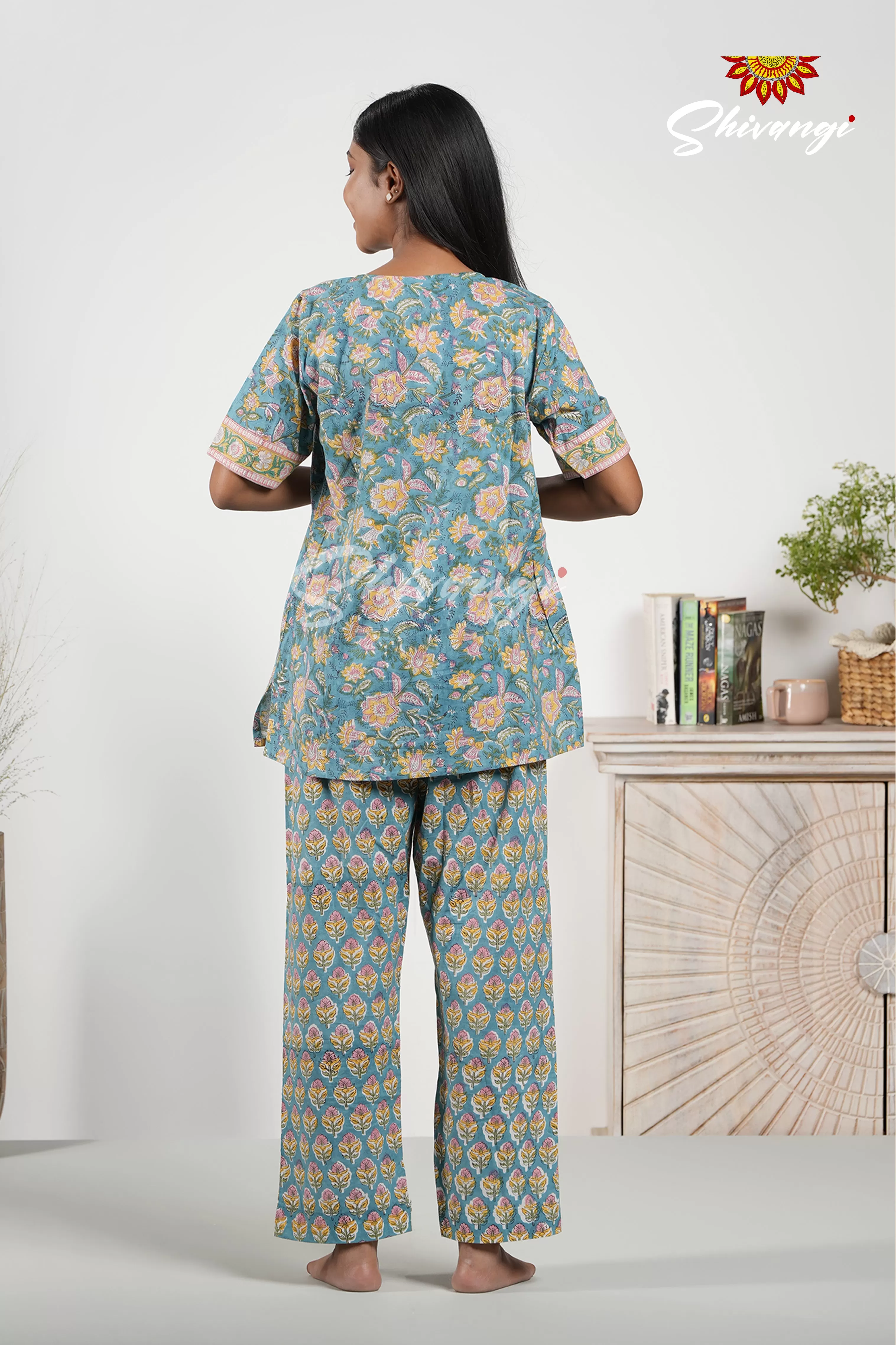 Blue Floral Print Cotton Top and Bottom Night Wear Set