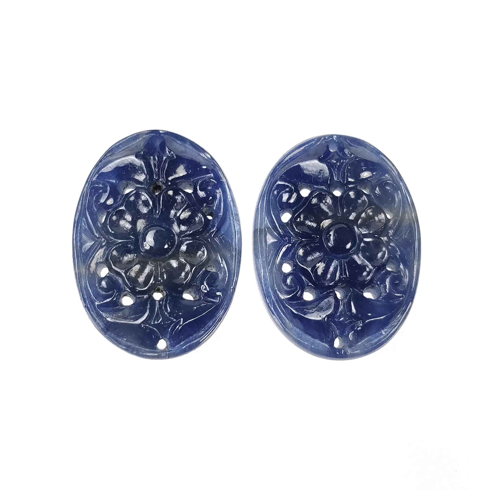 BLUE SAPPHIRE Gemstone Carving : 46.15cts Natural Untreated Unheated Sapphire Hand Carved Oval Shape 25.5*19mm Pair (With Video)