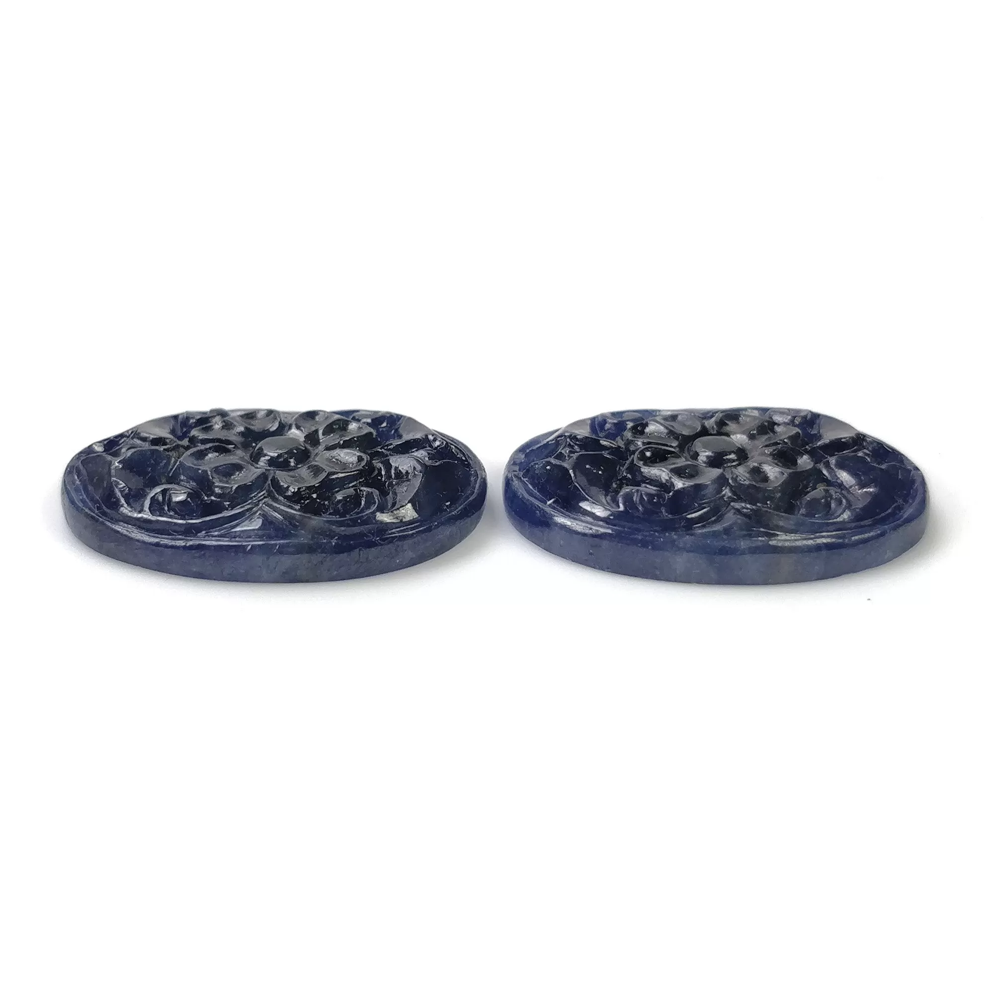 BLUE SAPPHIRE Gemstone Carving : 46.15cts Natural Untreated Unheated Sapphire Hand Carved Oval Shape 25.5*19mm Pair (With Video)