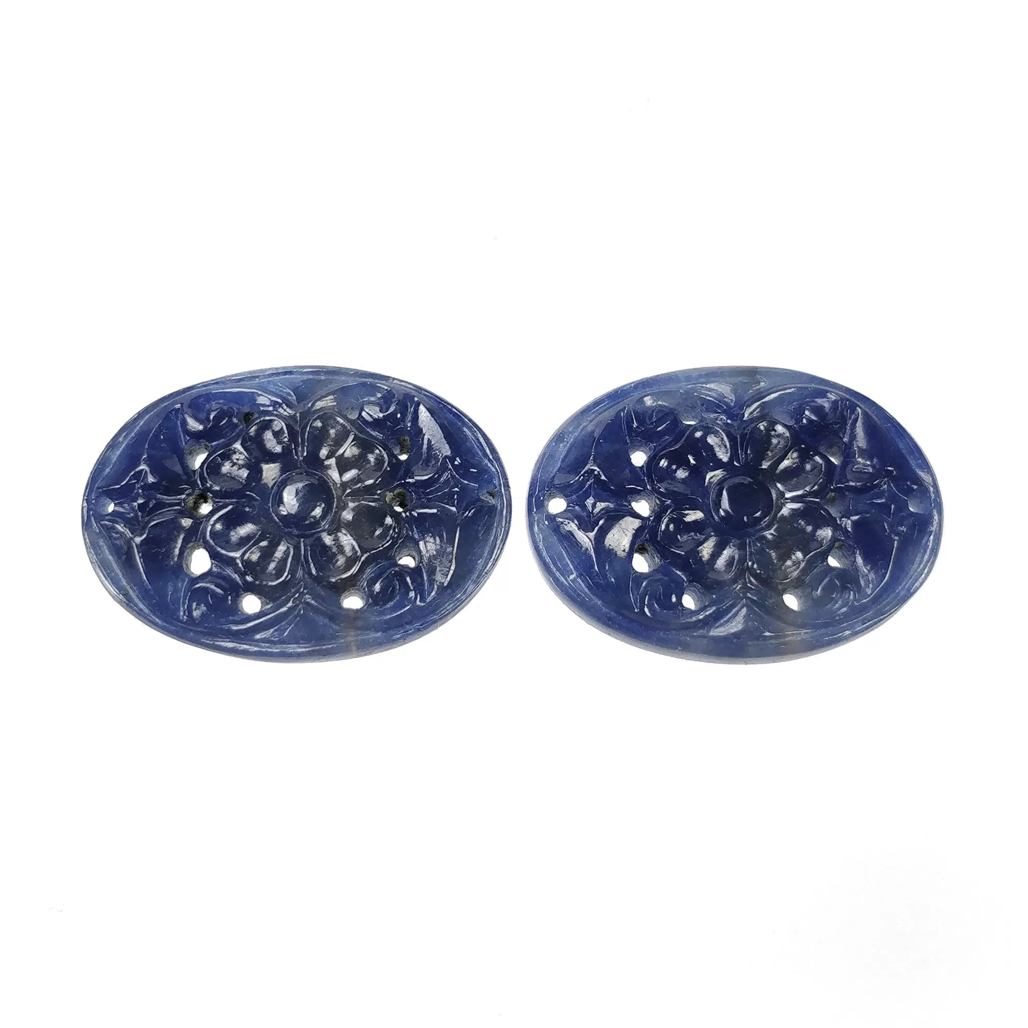 BLUE SAPPHIRE Gemstone Carving : 46.15cts Natural Untreated Unheated Sapphire Hand Carved Oval Shape 25.5*19mm Pair (With Video)