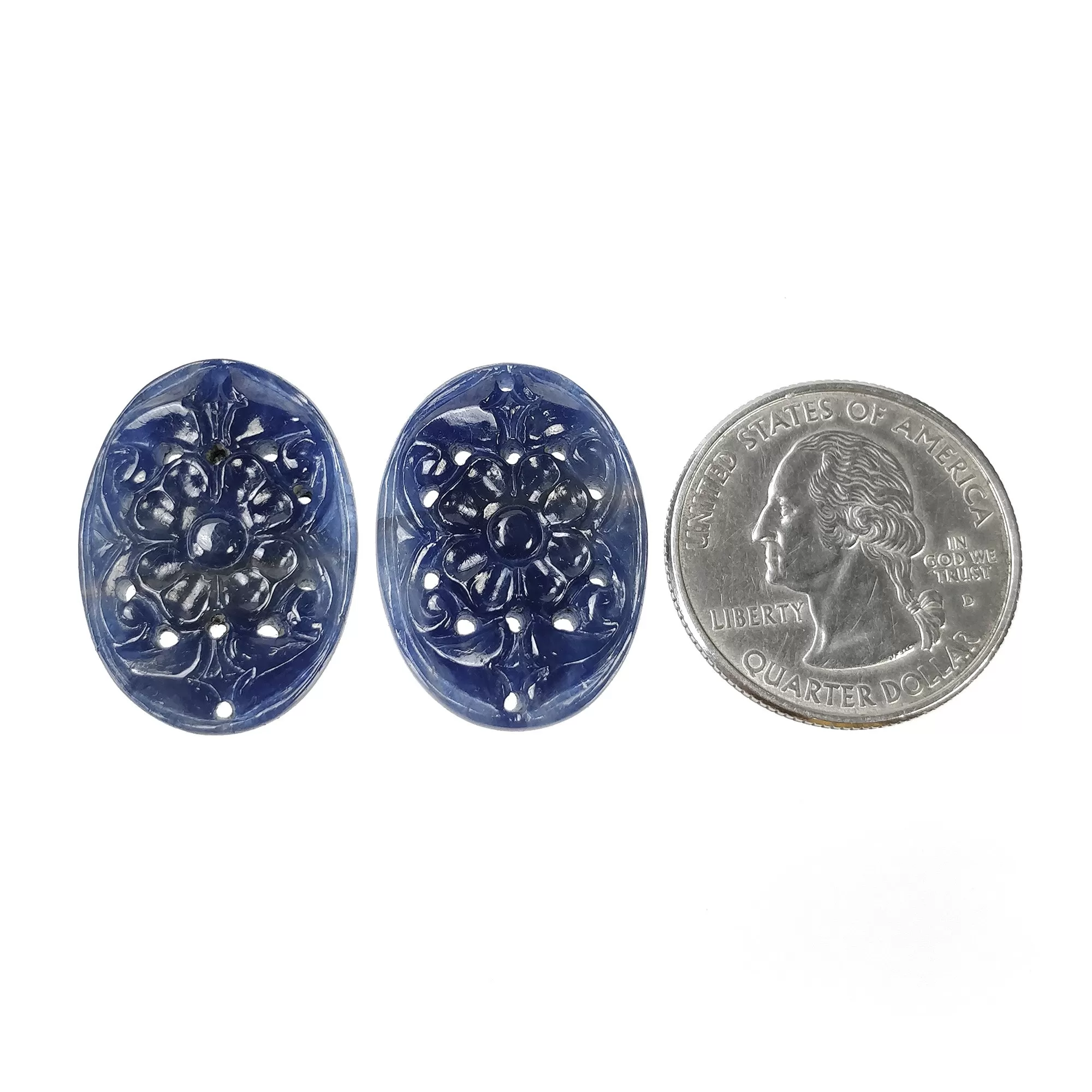 BLUE SAPPHIRE Gemstone Carving : 46.15cts Natural Untreated Unheated Sapphire Hand Carved Oval Shape 25.5*19mm Pair (With Video)