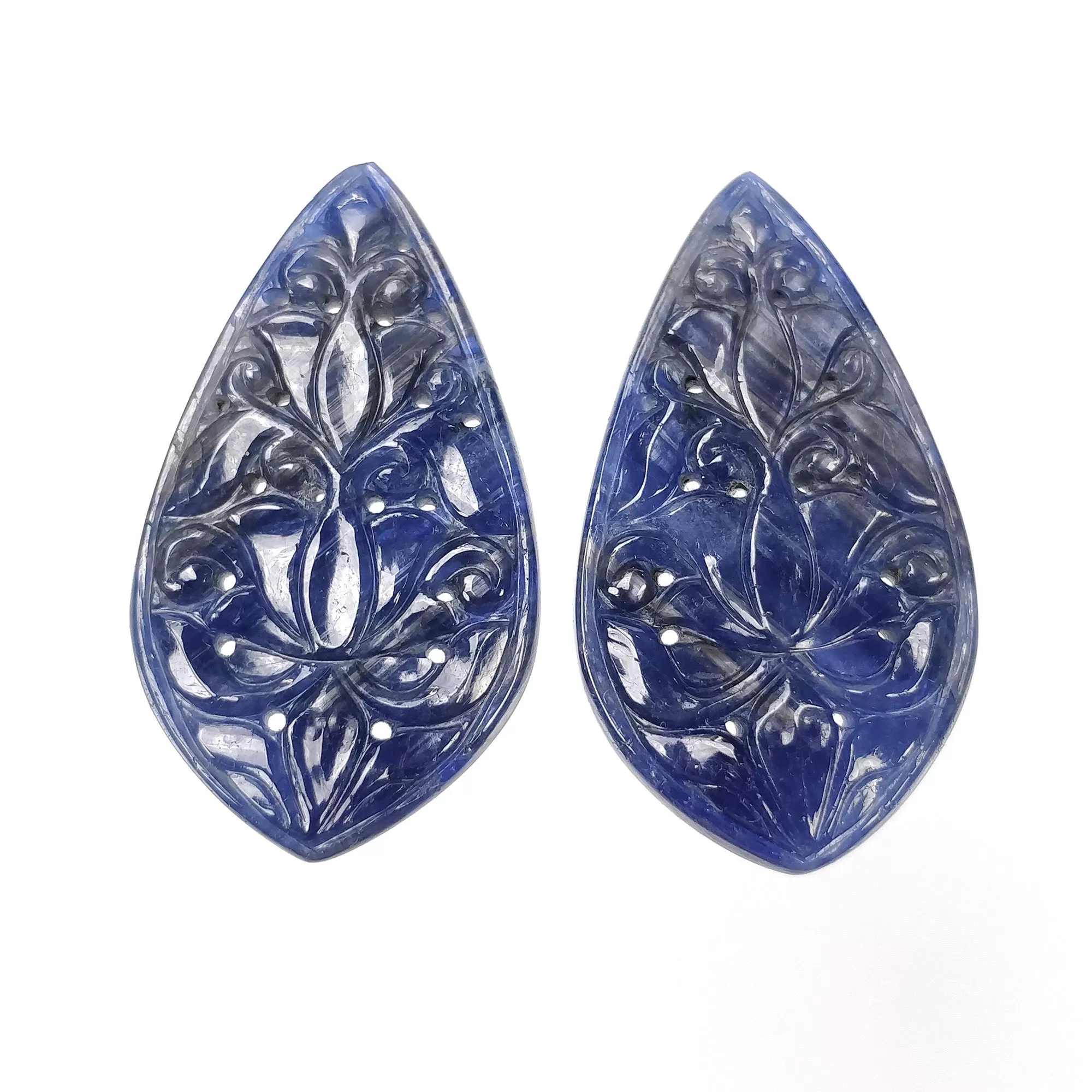 BLUE SAPPHIRE Gemstone Carving : 69.40cts Natural Untreated Unheated Sapphire Hand Carved Uneven Shape 41*23mm Pair (With Video)