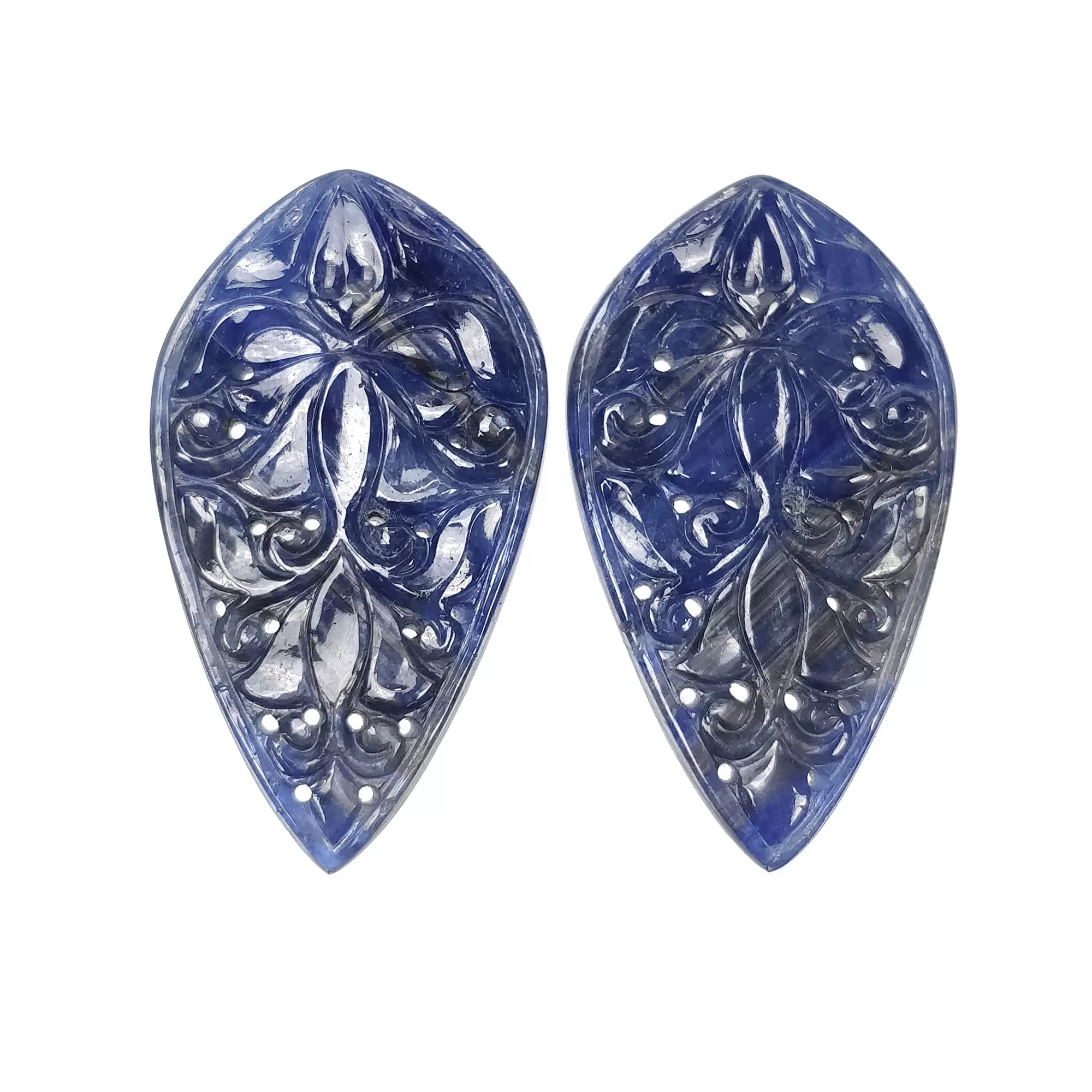 BLUE SAPPHIRE Gemstone Carving : 69.40cts Natural Untreated Unheated Sapphire Hand Carved Uneven Shape 41*23mm Pair (With Video)