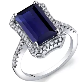 Blue Sapphire Ring Sterling Silver Emerald Shape 4.50 Carat Size 6