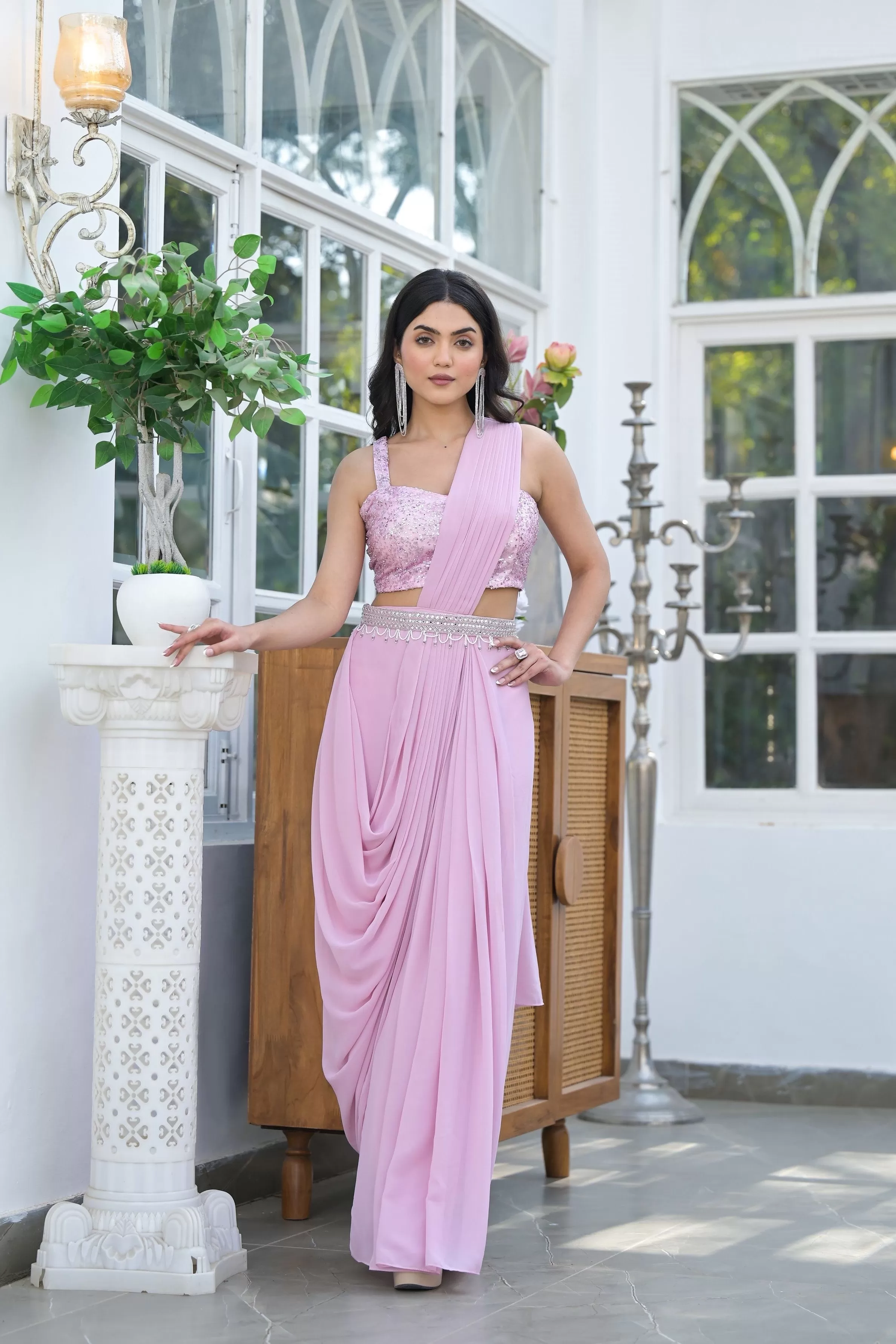 Blush Pink Embellished Swiss Georgette Silk Drape Saree