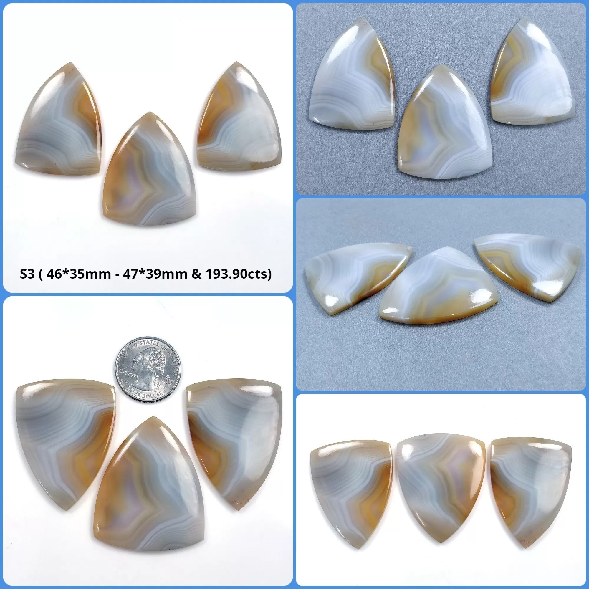 BOTSWANA AGATE Gemstone Cabochon : Natural Untreated Unheated Bi-Color Agate Uneven Shape 37mm - 43*3mm 3pcs & 4pcs Set