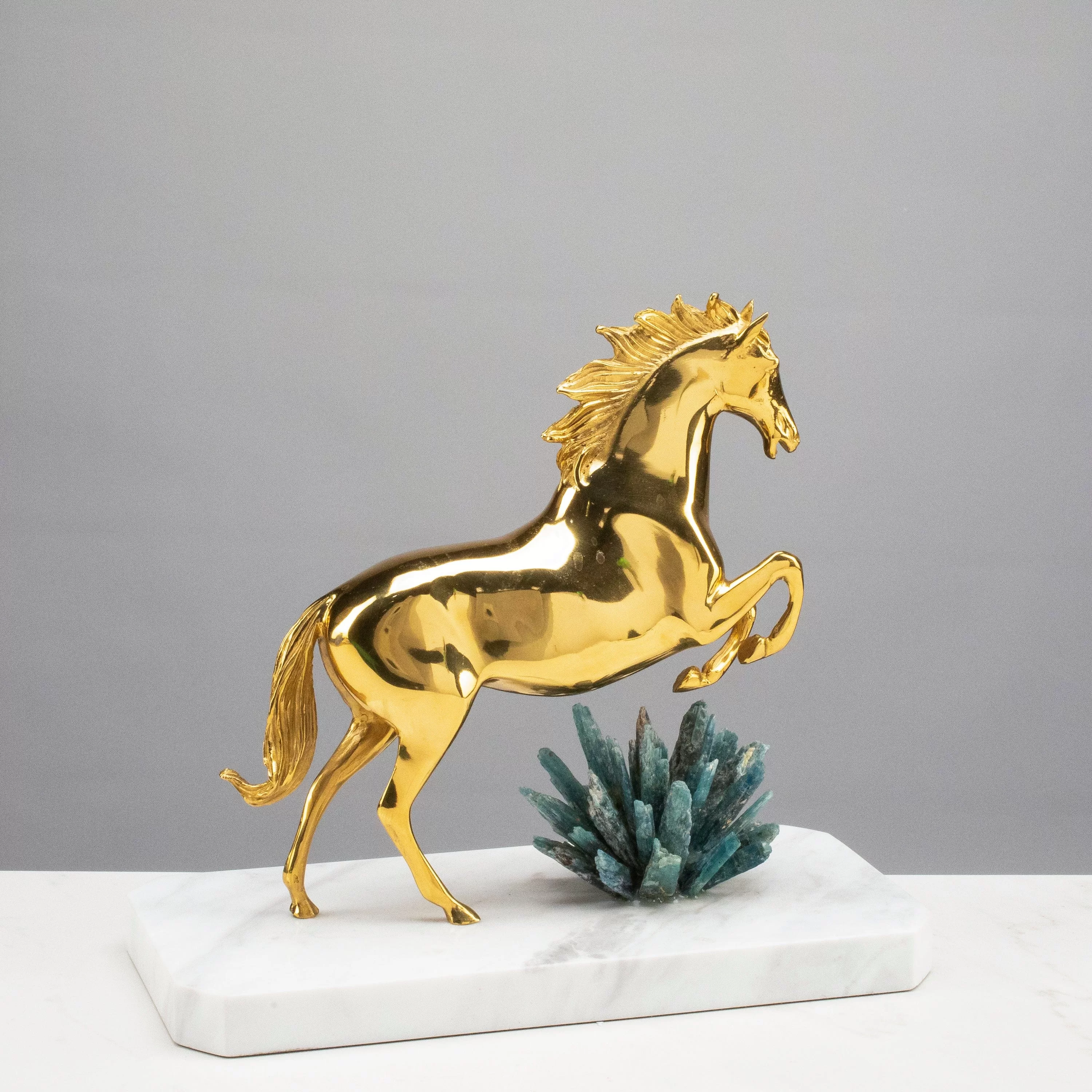 Brass Horse with Kyanite Cluster on Marble Base