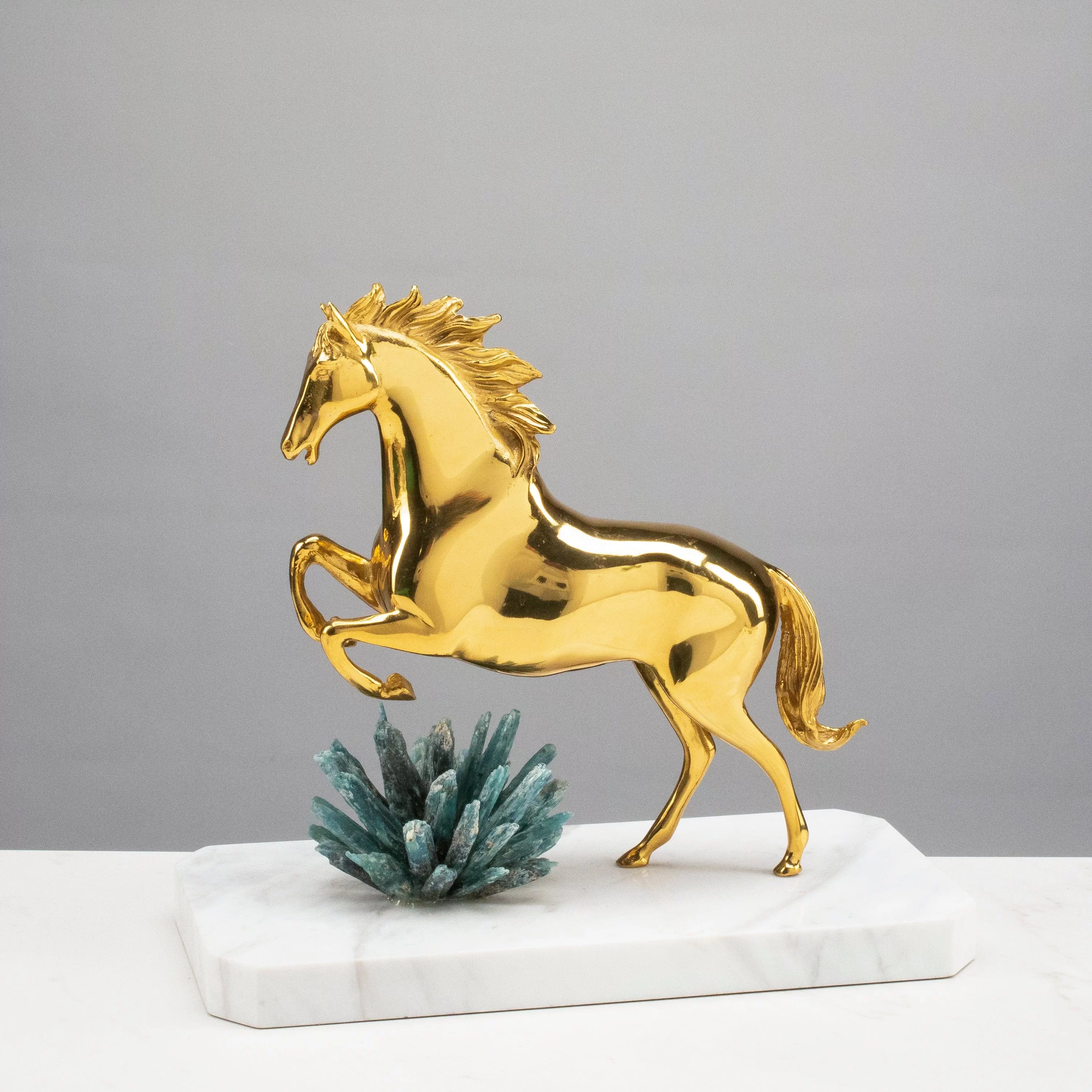 Brass Horse with Kyanite Cluster on Marble Base