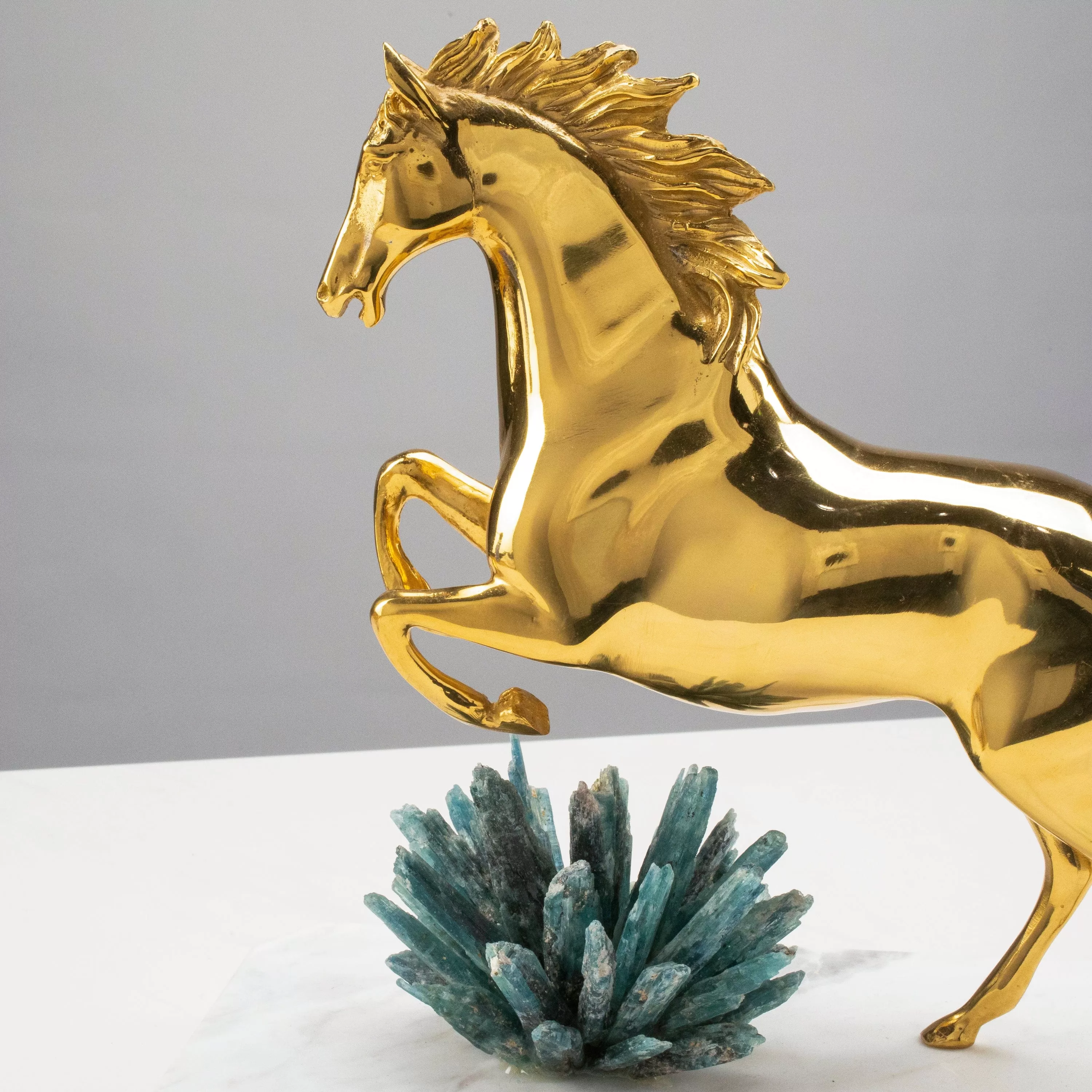 Brass Horse with Kyanite Cluster on Marble Base