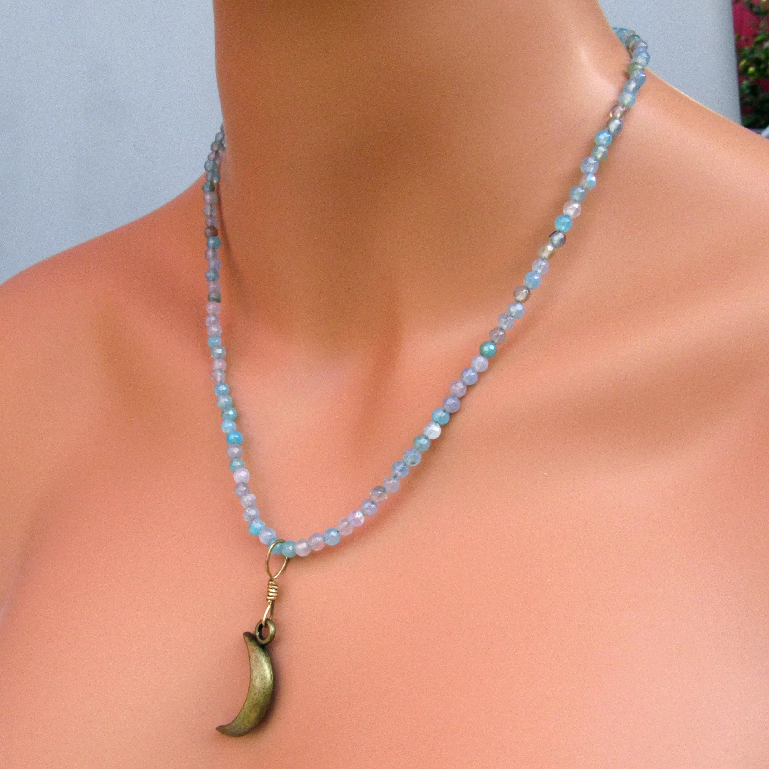 Brass Moon on blue agate gemstone beaded choker and necklace