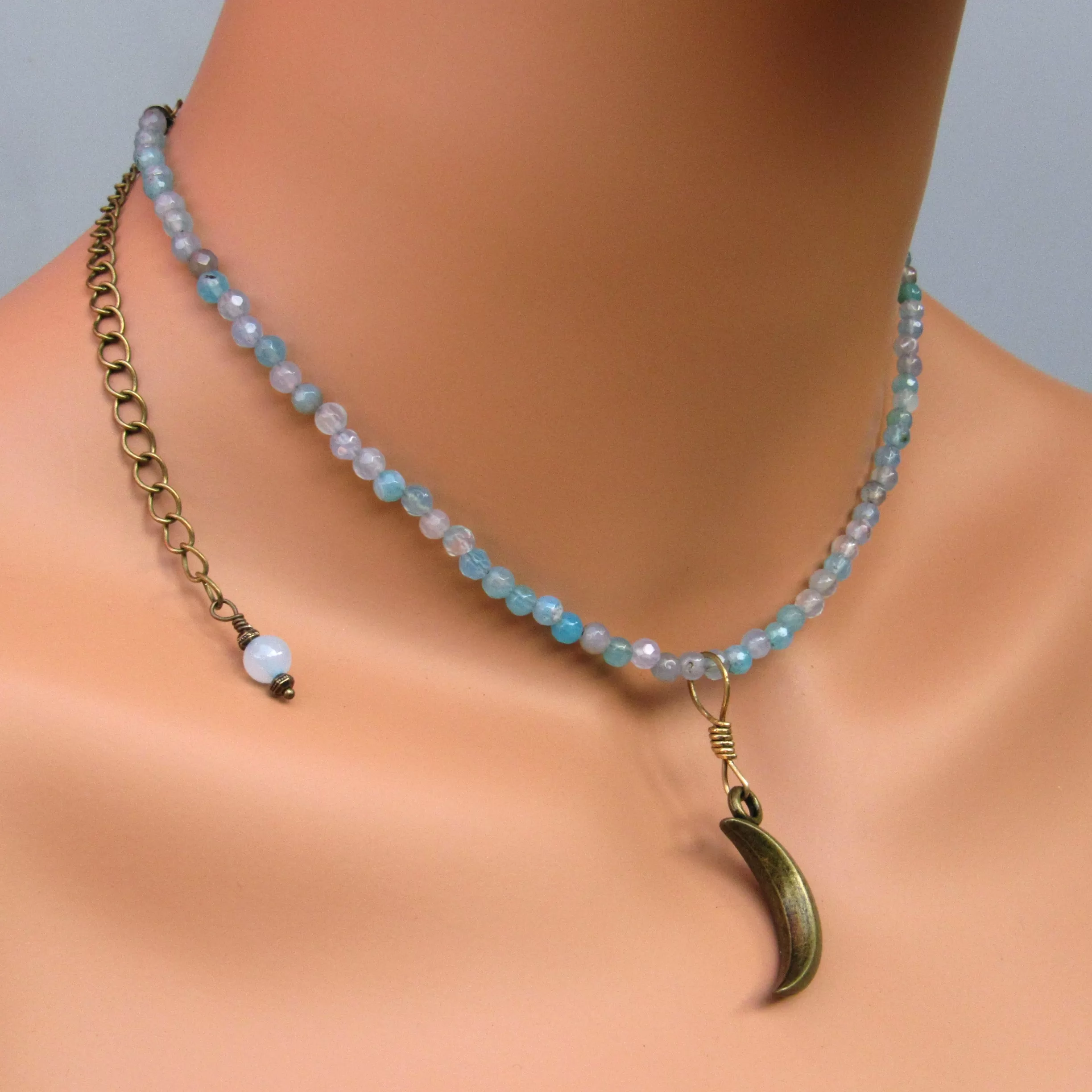 Brass Moon on blue agate gemstone beaded choker and necklace