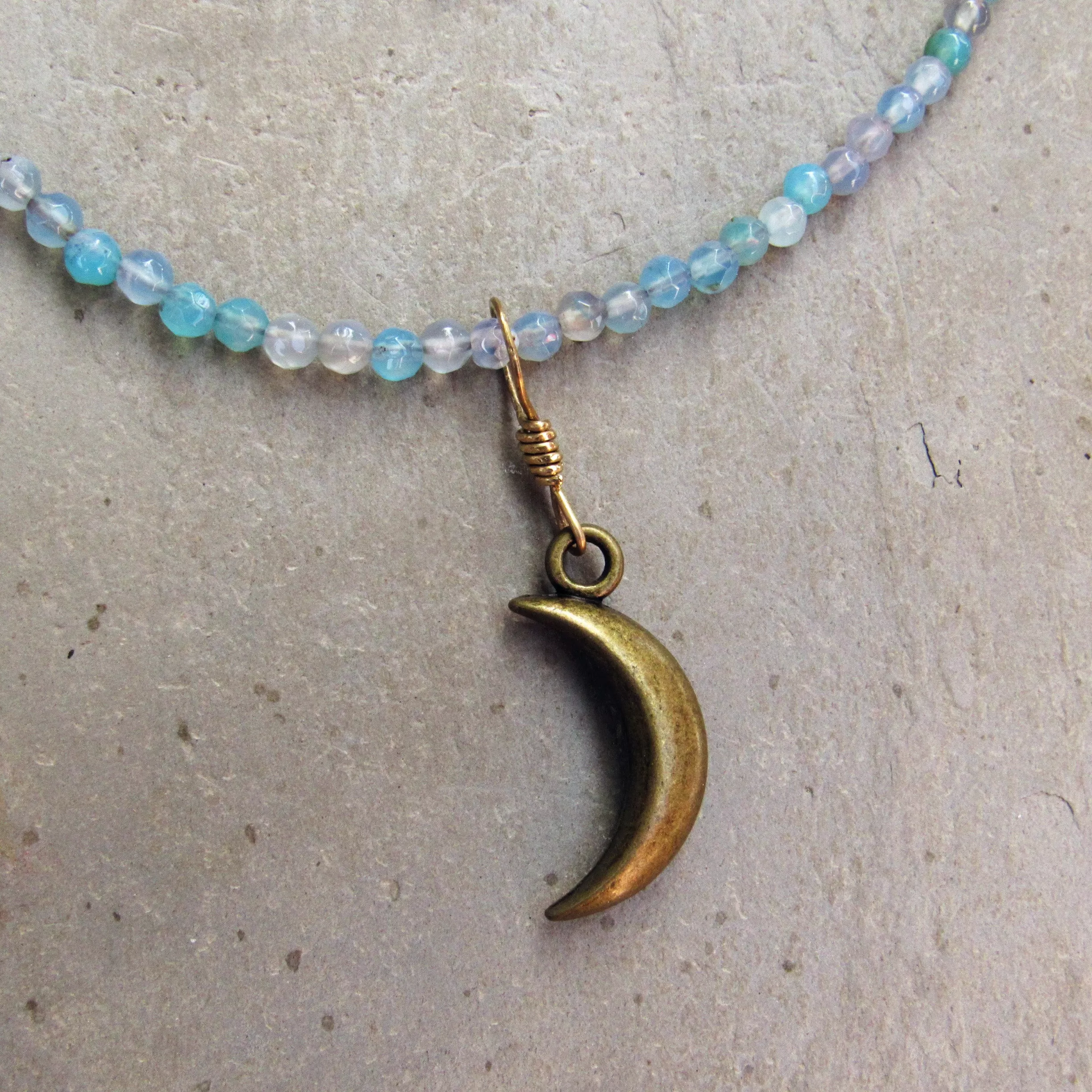 Brass Moon on blue agate gemstone beaded choker and necklace