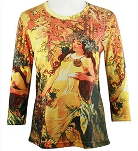 Breeke - Mucha Autumn, Scoop Neck, Hand Silk Screened 3/4 Sleeve Artistic Top