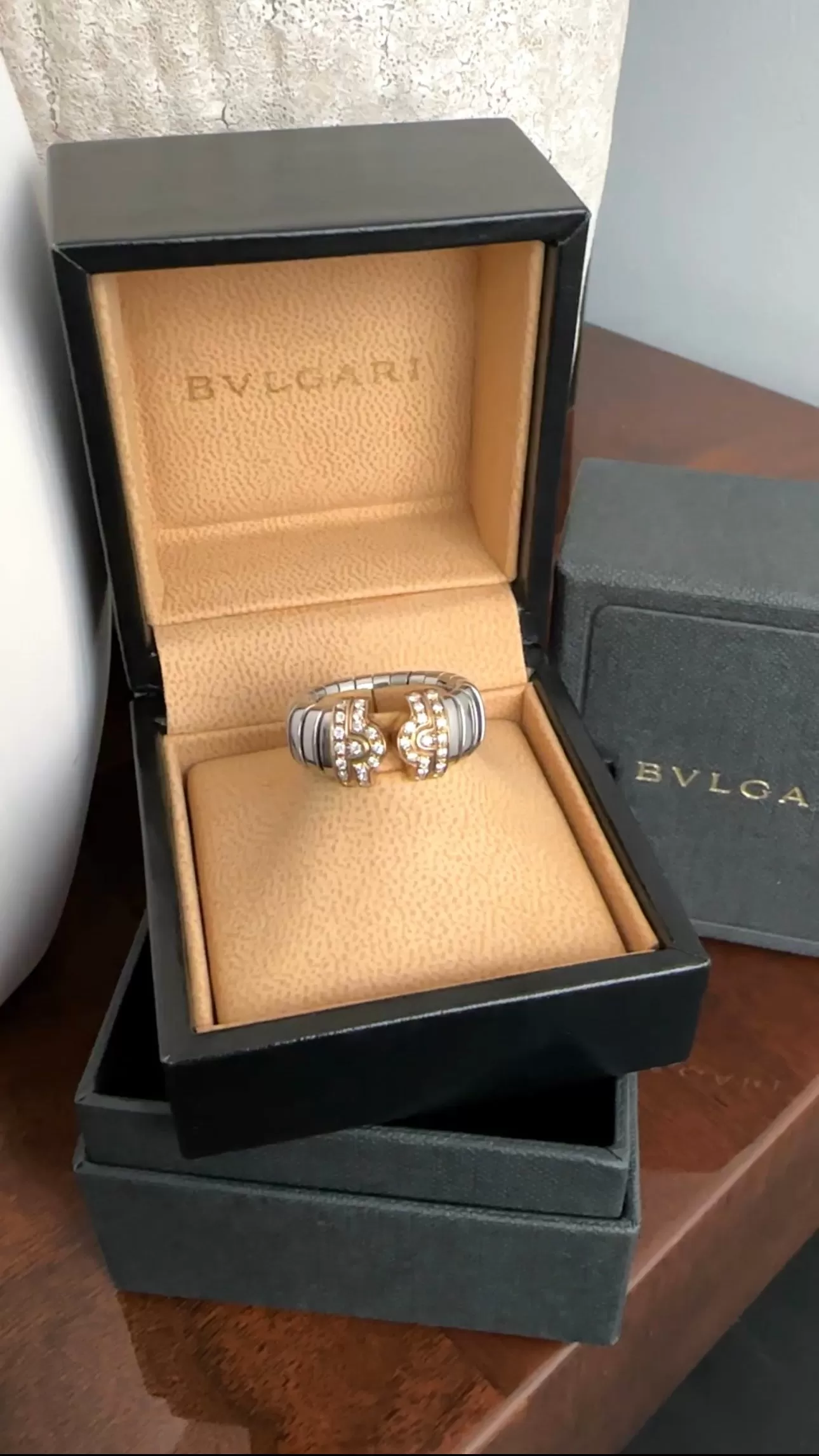 Bvlgari Vintage 18k Yellow Gold Diamond Stainless Parentesi Ring - 5 / 5.5