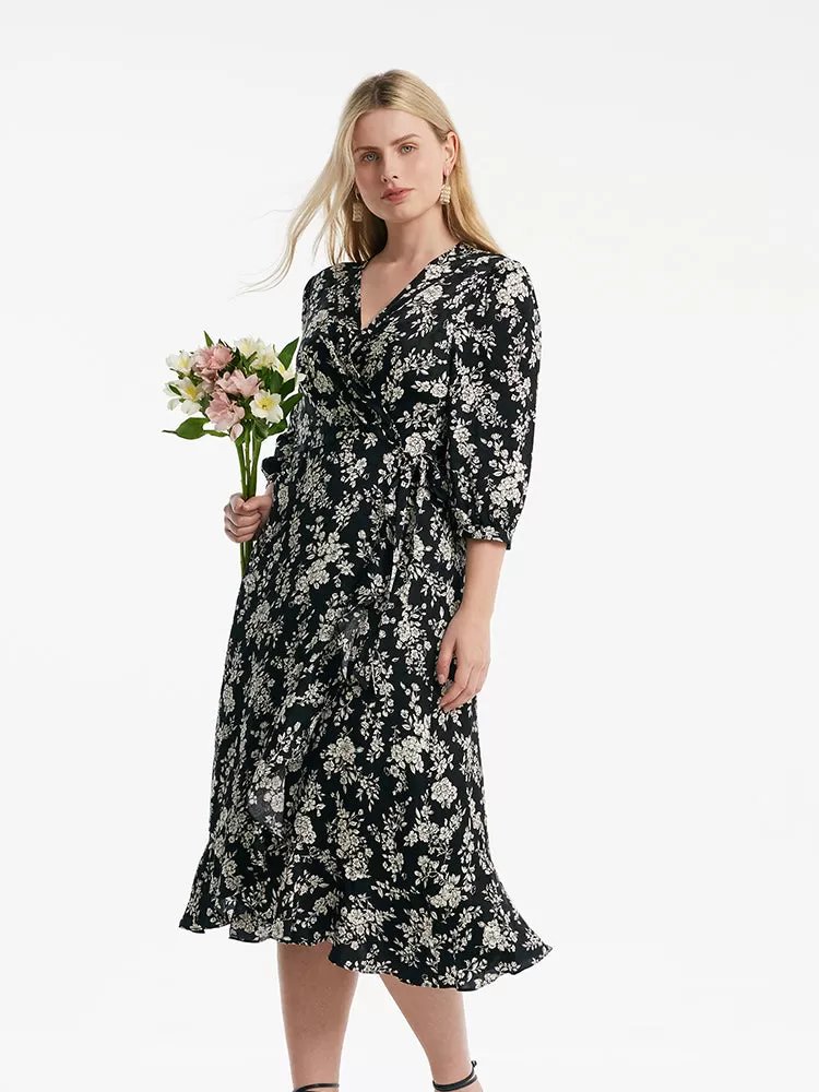 Camellia Printed V-Neck Ruffle Hem Women Midi Wrap Dress