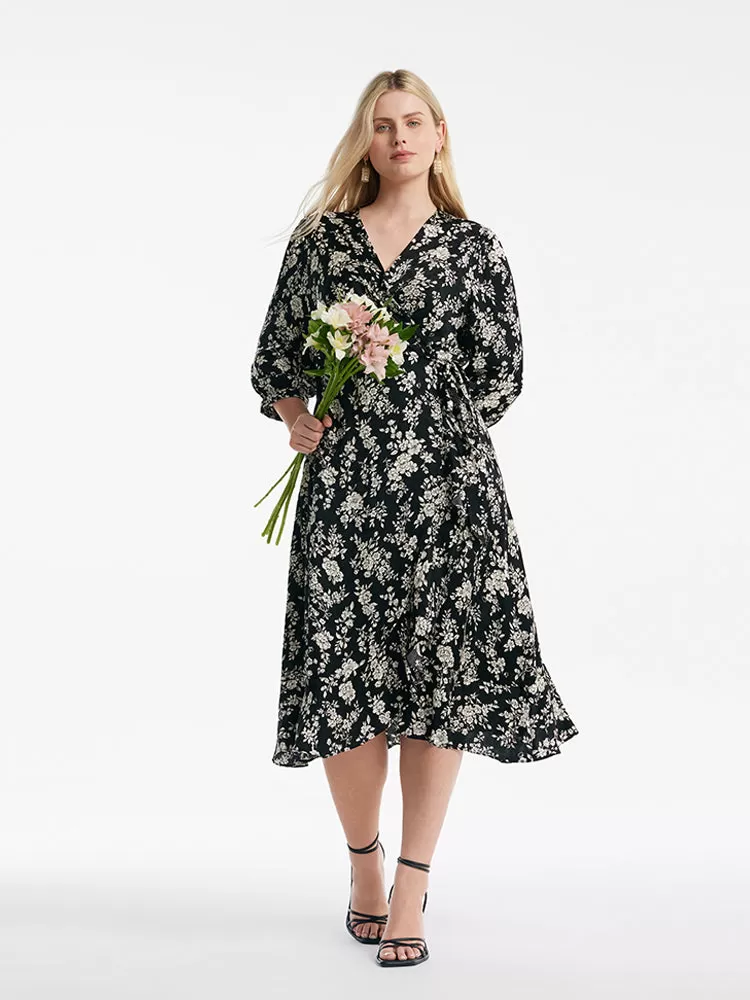 Camellia Printed V-Neck Ruffle Hem Women Midi Wrap Dress