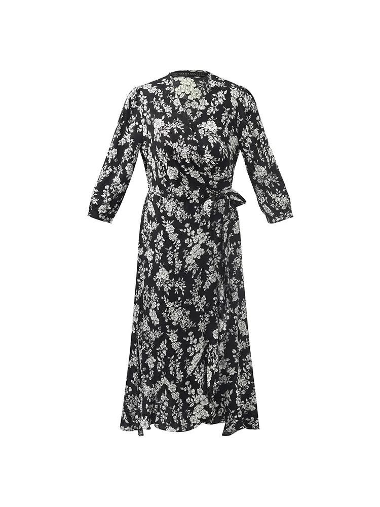 Camellia Printed V-Neck Ruffle Hem Women Midi Wrap Dress