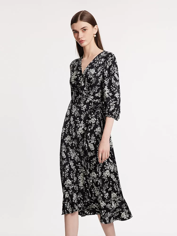 Camellia Printed V-Neck Ruffle Hem Women Midi Wrap Dress