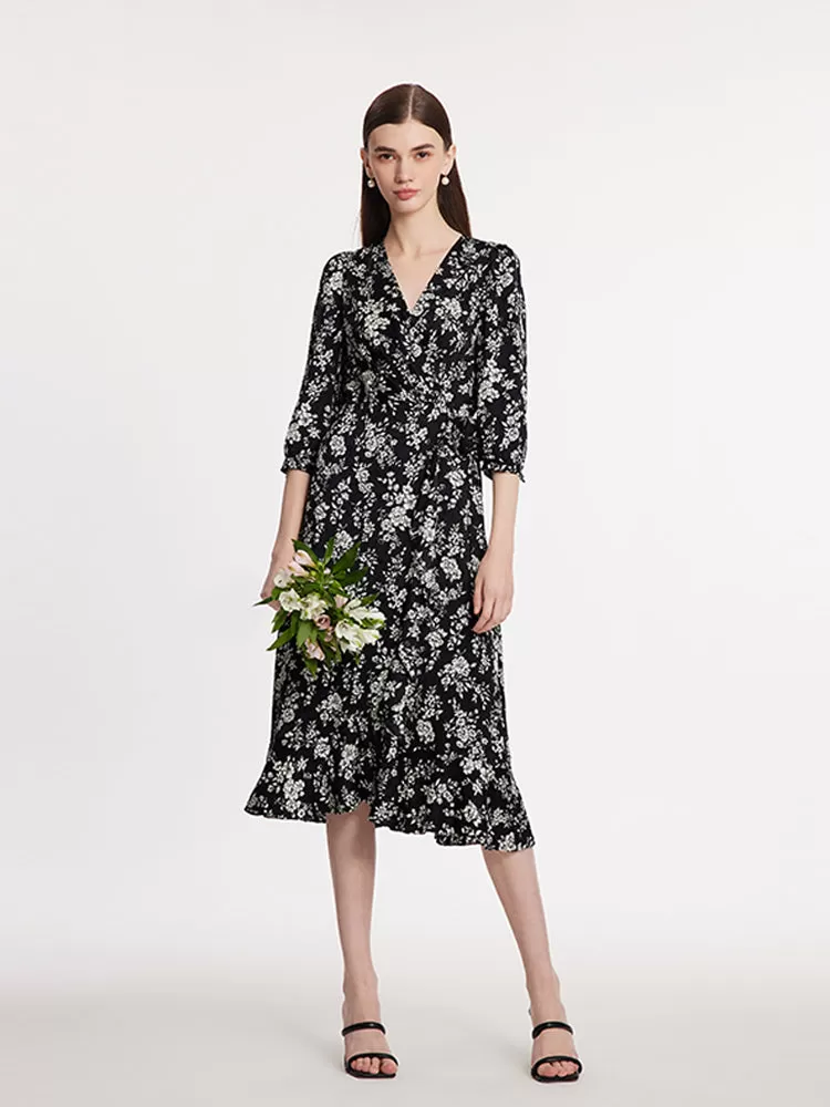 Camellia Printed V-Neck Ruffle Hem Women Midi Wrap Dress