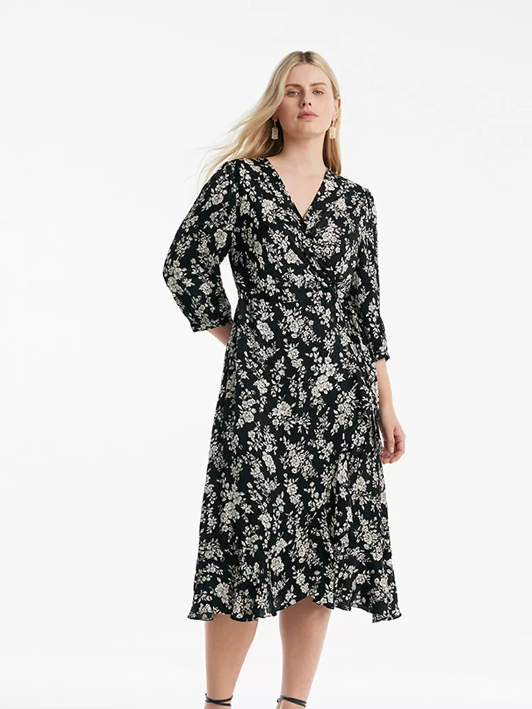 Camellia Printed V-Neck Ruffle Hem Women Midi Wrap Dress