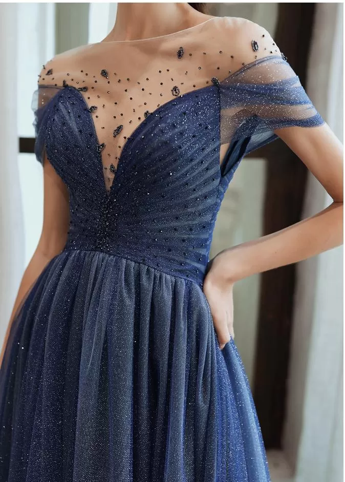 Charming A Line Blue Ombre Tulle Prom Dresses with Open Back, Evening STK20394