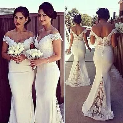 Charming Ivory Long Cap Sleeve Lace Mermaid Sexy Long Bridesmaid Dresses