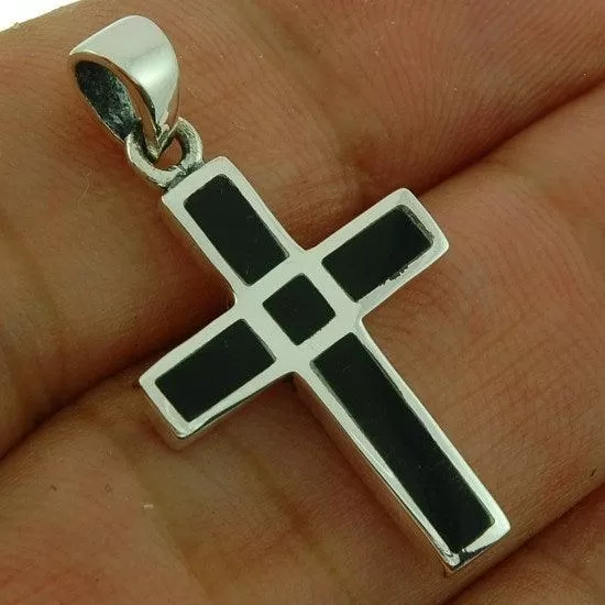 Christian Cross Pendant in Black Color   925 Silver Necklace