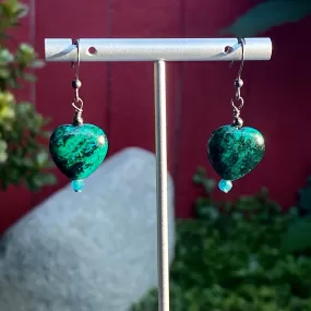 Chrysocolla and apatite oxidized sterling silver heart drop earrings