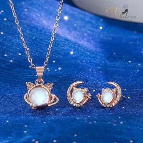 Cosmic Crystal Cat Jewelry Set in Solid 925 Sterling Silver and CZ - Rose Gold Plated