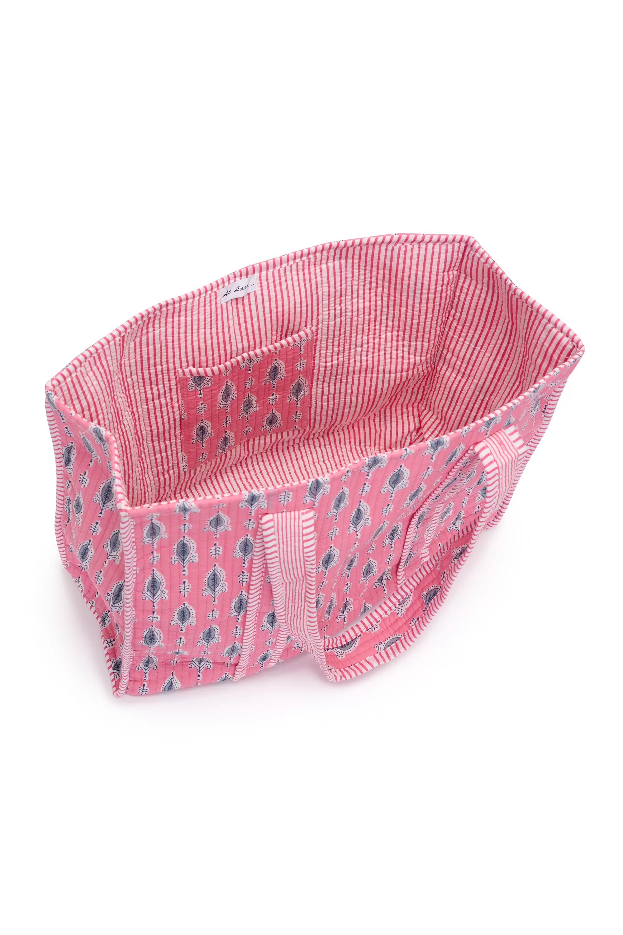 Cotton Tote Bag In Raspberry Sorbet & Grey Leaf