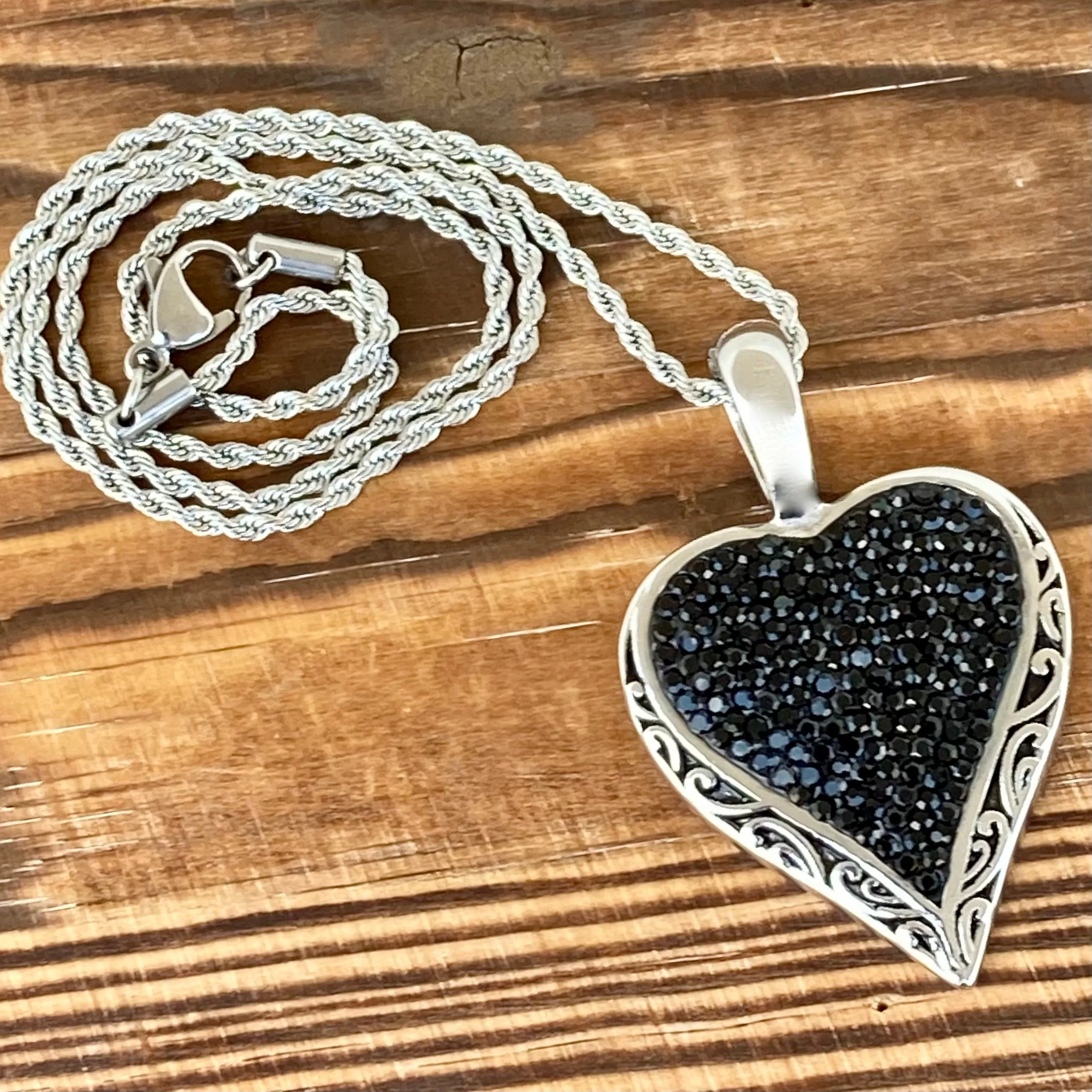 Crystal Heart Pendant - Black -  Rope Necklace or Omega - AJ02