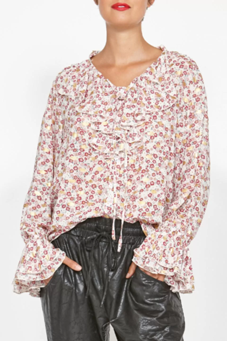 Cusp LS Ruffle Neck Vanilla Floral Top