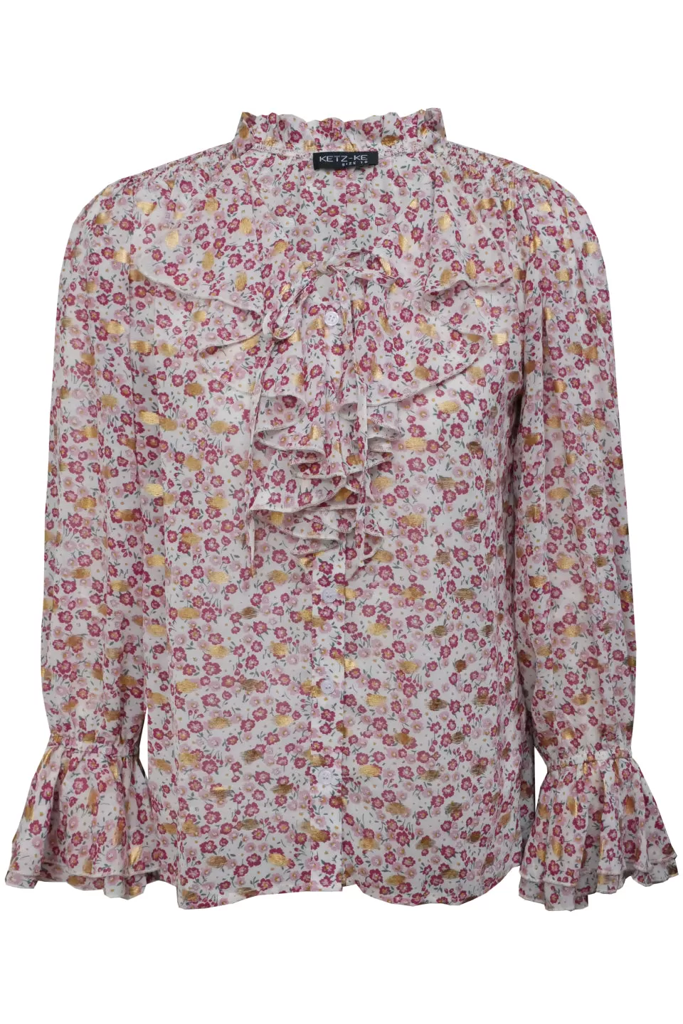 Cusp LS Ruffle Neck Vanilla Floral Top