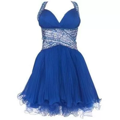 Cute cross back blue V-Neck Halter chiffon short sweetheart prom dress