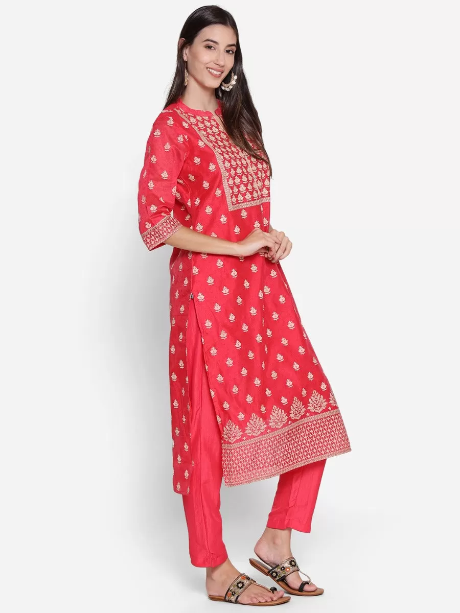 Dark Coral Floral Printed Kurta With Trouser