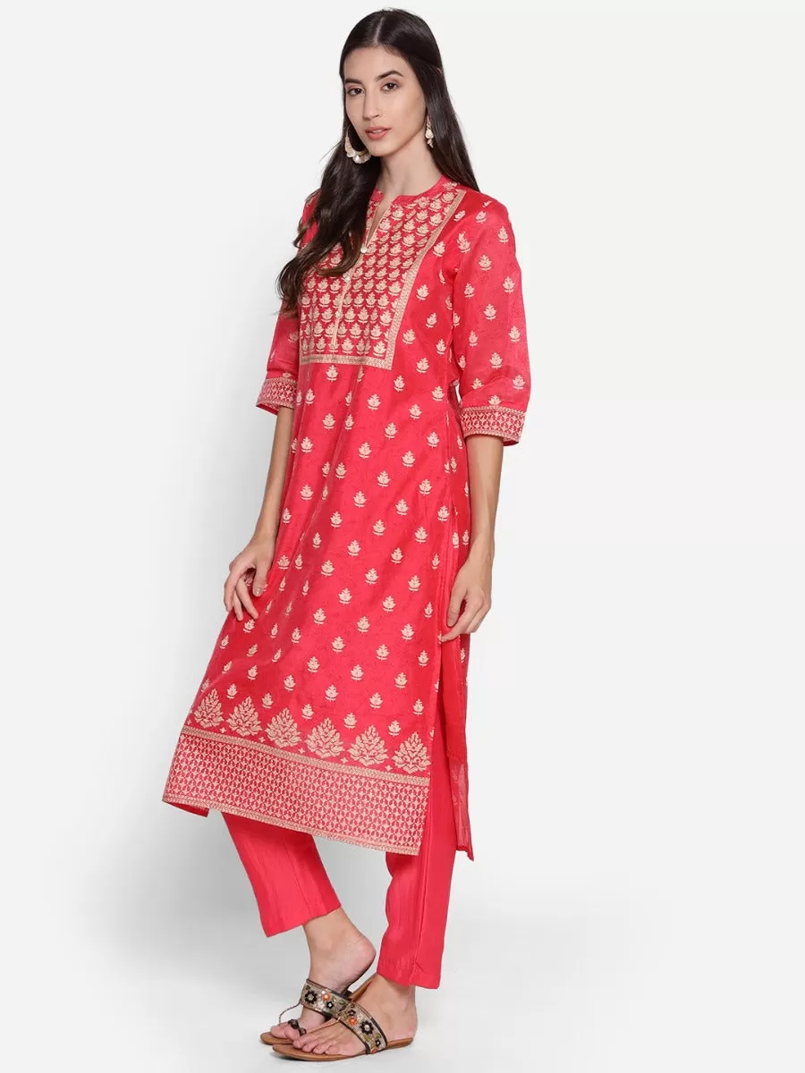 Dark Coral Floral Printed Kurta With Trouser