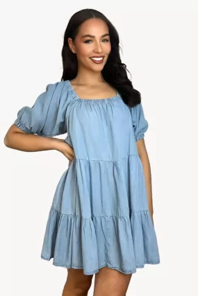 Denim Blue Tiered Milkmaid Dress