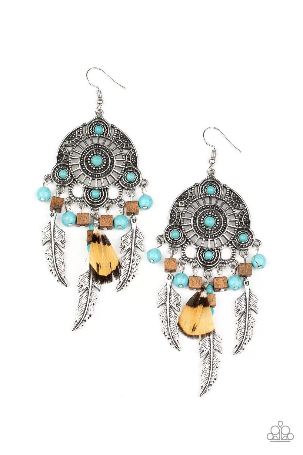 Desert Plains Turquoise Blue and Silver Feather Earrings - Paparazzi Accessories