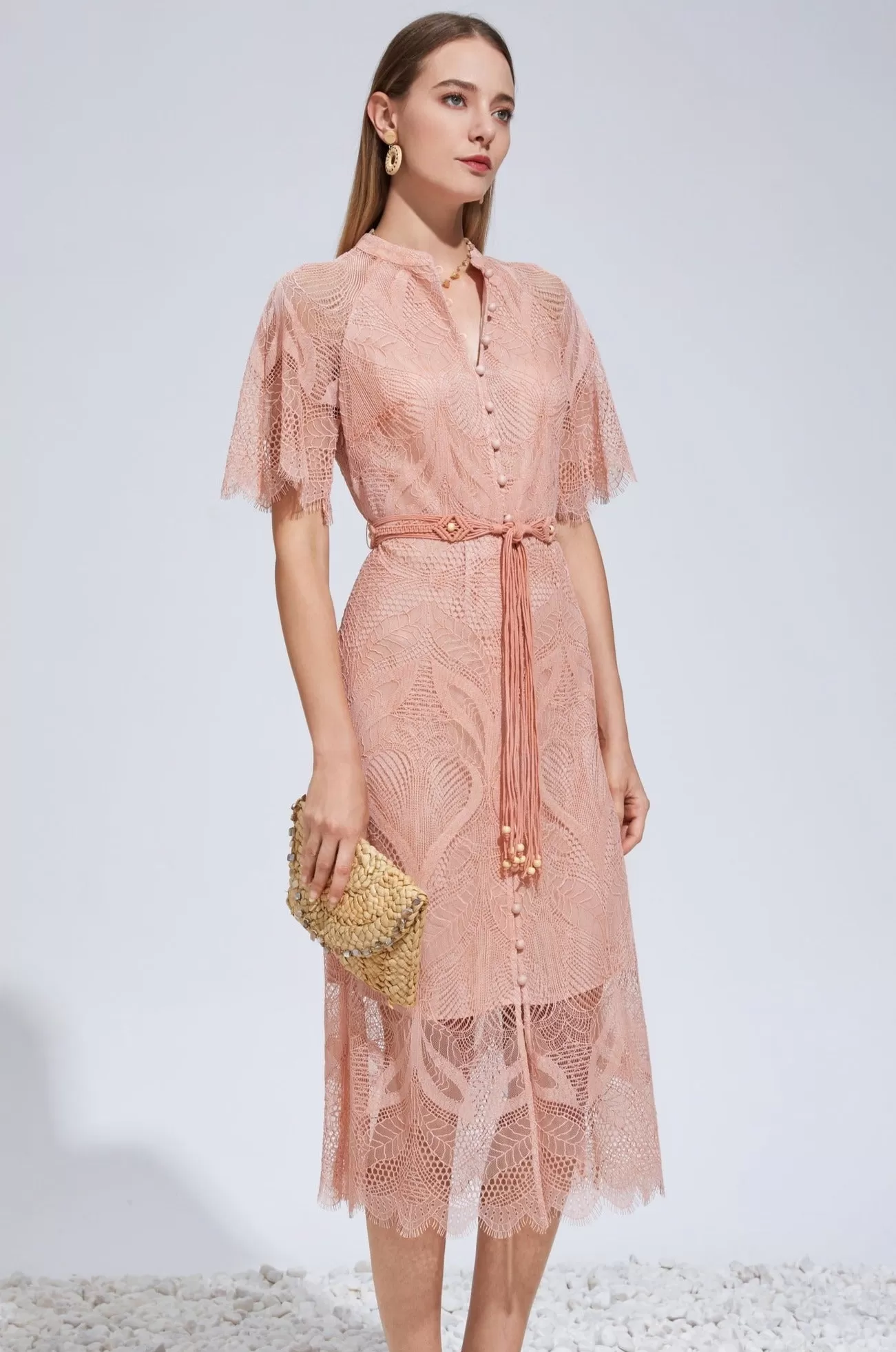 Ella Lace Midi Dress - Salmon Pink