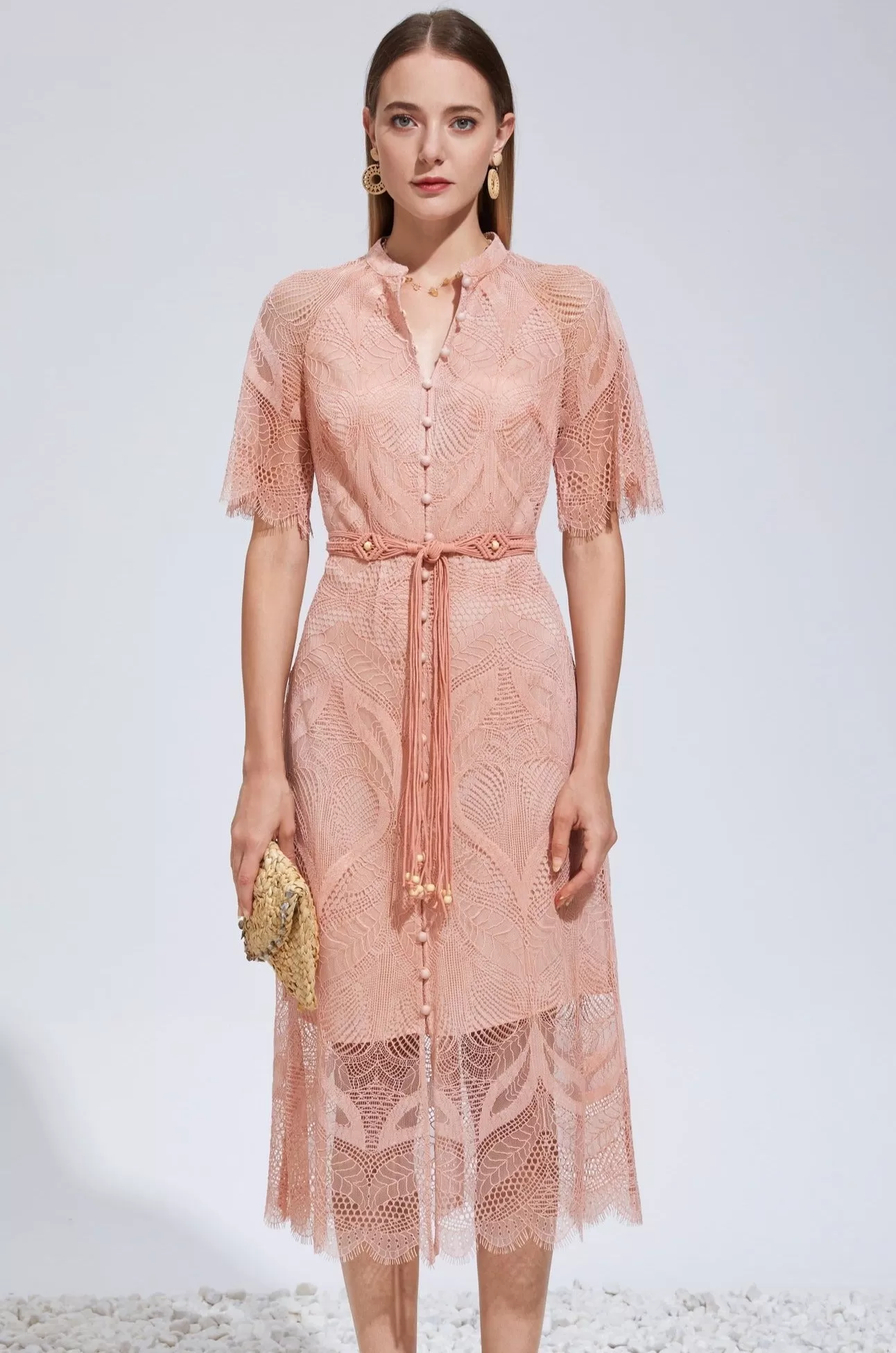 Ella Lace Midi Dress - Salmon Pink