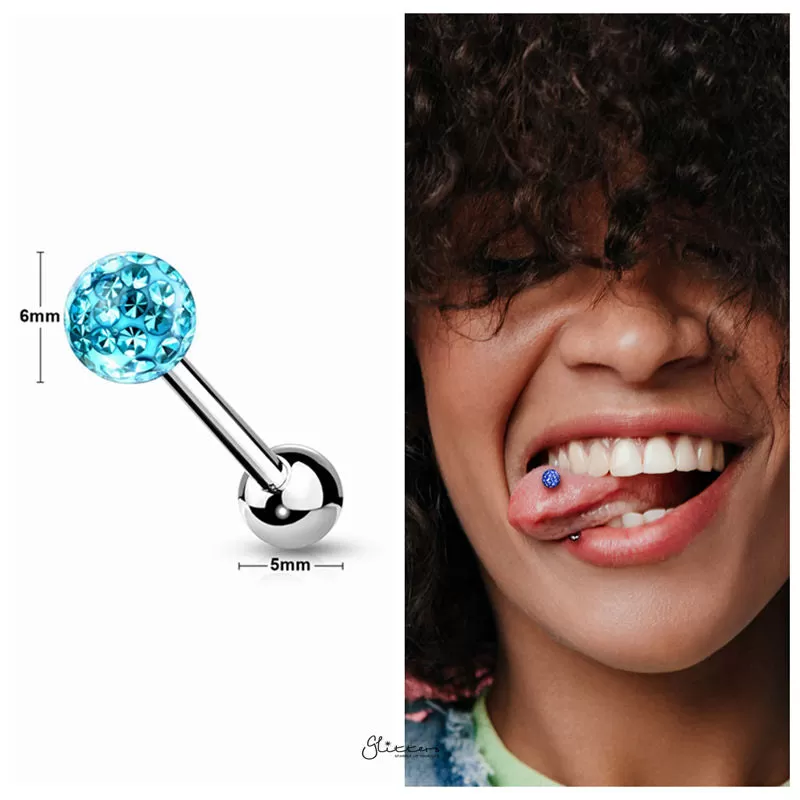 Epoxy Covered Crystal Paved Ferido Balls Tongue Barbell - Aqua