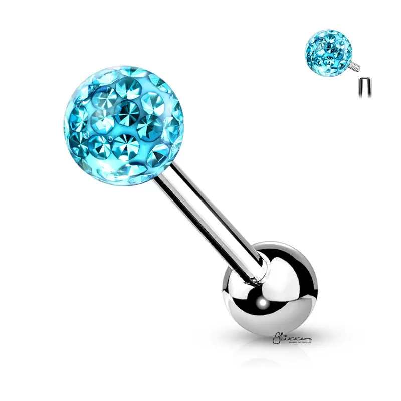 Epoxy Covered Crystal Paved Ferido Balls Tongue Barbell - Aqua