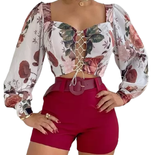 Floral Print V Neck Top & Shorts Set