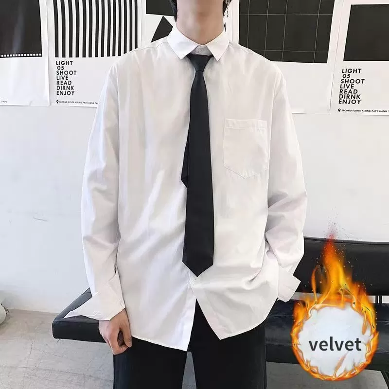 Foesce- 1 Men's White Shirts with Tie Set DK Uniform Long-sleeved Blouses Japanese Korean Loose Couple Class Clothing Add Velvet