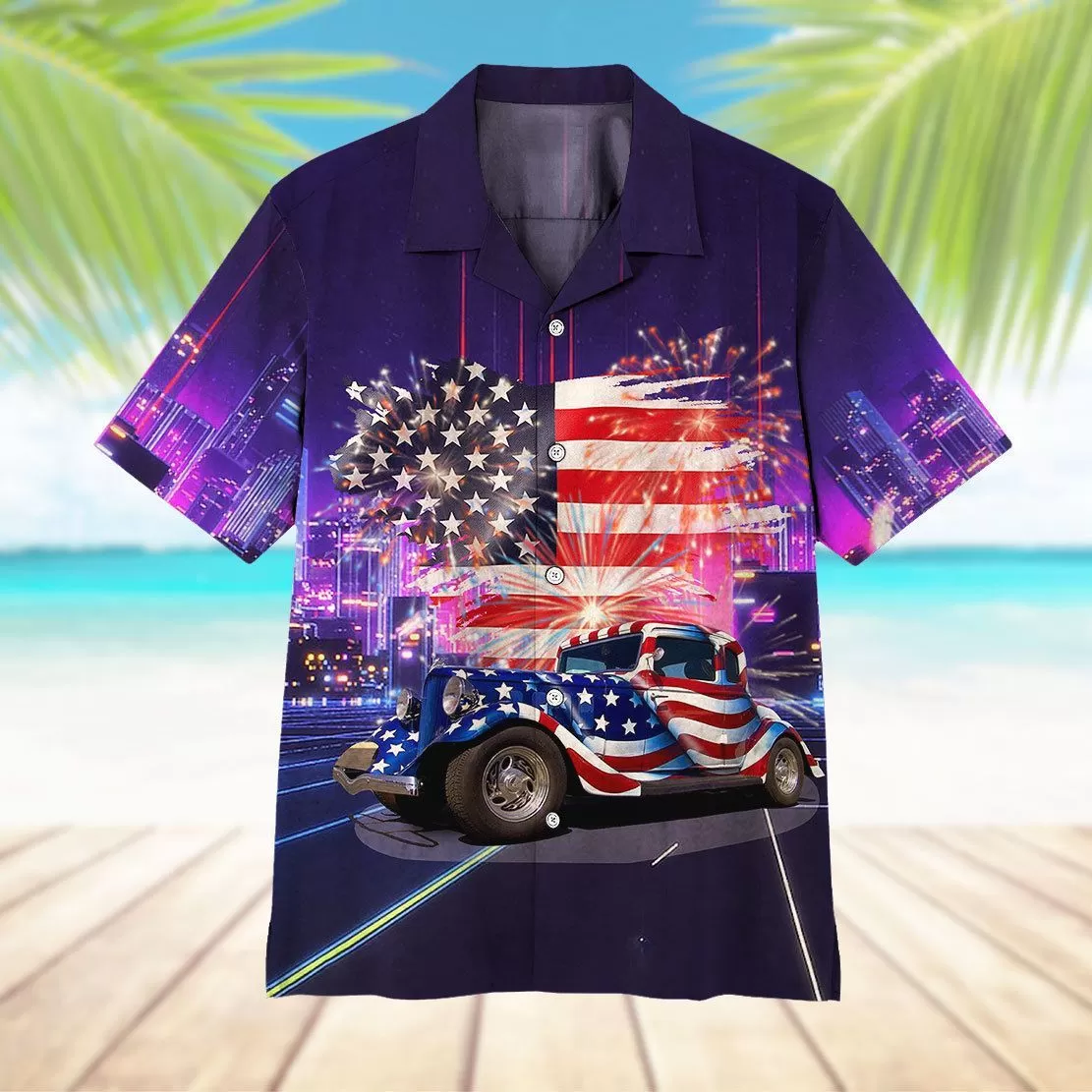 Gearhuman 3D American Flag Hot Rod Hawaii Shirt